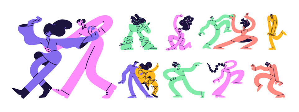 Set of funny dancing people. Happy characters enjoy the disco, move to the music. Colourful men and women have fun at the party. Dancers perform in a club. Flat isolated vector illustrations on white