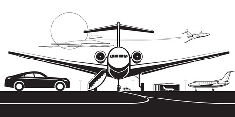 Private jet  and luxury car at airport – vector illustration