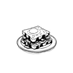 Hand-Drawn Illustration of Croque Madame Sandwich with Fried Egg on White Background