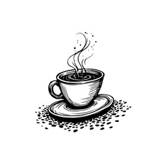 Simple black and white drawing of steaming coffee in a cup on a saucer