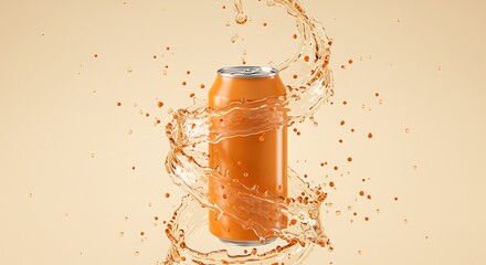 Orange Soda Can Enveloped in a Dynamic Splash of Liquid