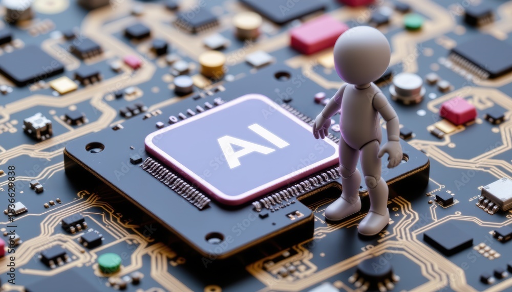 Poster 3d figure on a circuit board highlighting ai technology.