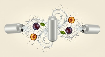 Plum Splash: Refreshing Beverage Can Surrounded by Water and Fru