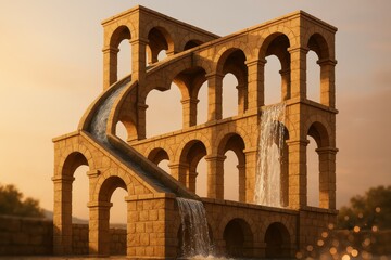 Unique architectural structure with cascading water features at sunset in a serene landscape