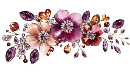 Jewel-encrusted floral arrangement featuring blush, burgundy, and deep pink blossoms, accented with gold, amethyst, and amber gemstones; realistic rendering