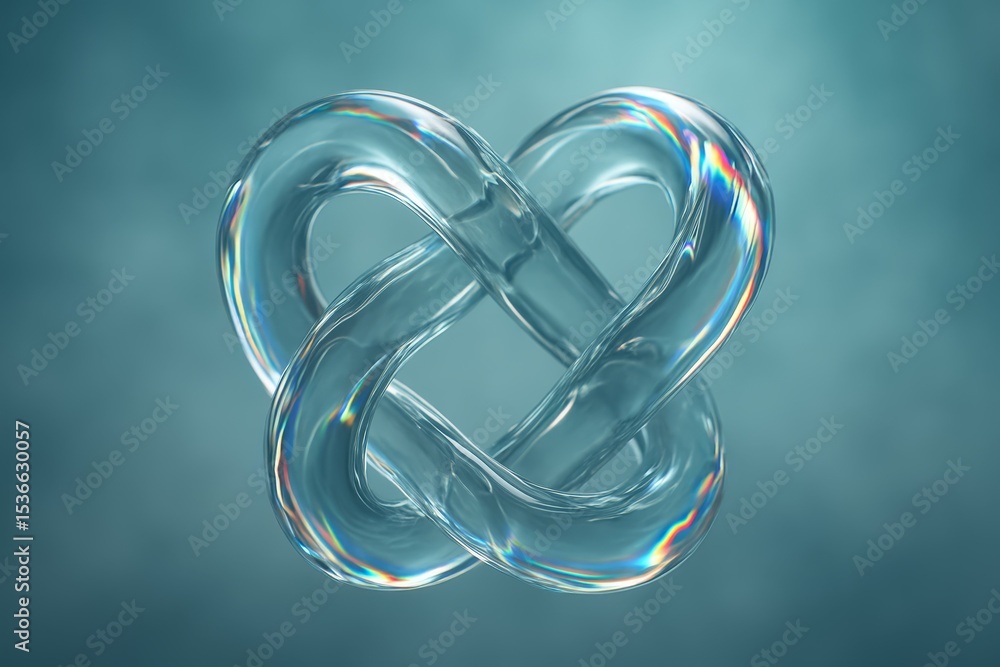 Poster transparent knot formed from glass-like material floating against a soft blue background in a serene