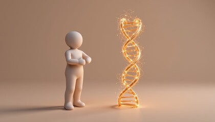 A figure stands beside a glowing DNA helix in a minimalist setting.