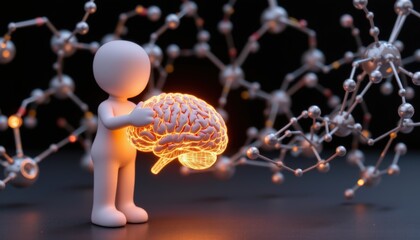 A 3D figure holds a glowing brain amidst molecular structures.