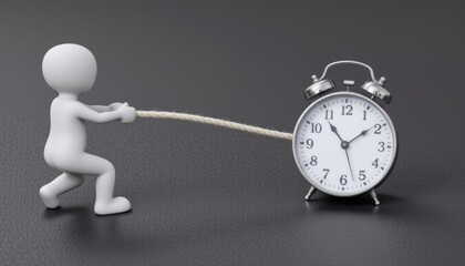 A figure pulling a rope attached to a clock symbolizes time management.