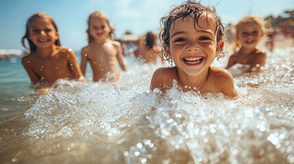 Children s carefree laughter echoes in playful ocean waves with golden hour