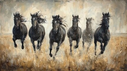 Black horses galloping across a golden field