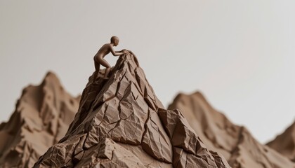 A figure climbing a stylized mountain peak in a minimalist landscape.