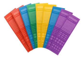 A fan arrangement of eight colorful teacher resource stickers designed for educational and planning purposes on transparent background.