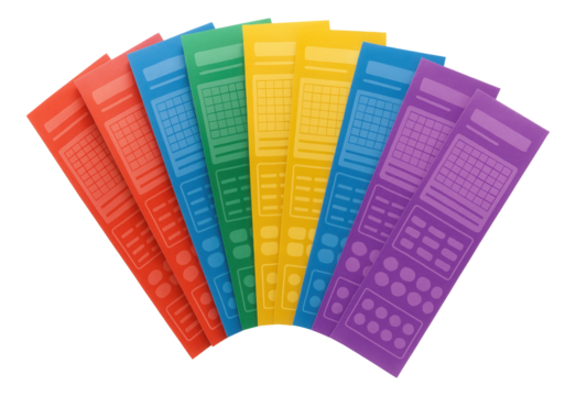 A fan arrangement of eight colorful teacher resource stickers designed for educational and planning purposes on transparent background.