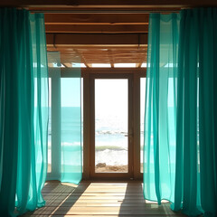 A serene coastal setting with sheer turquoise curtains flowing in the gentle breeze against a backdrop of the sparkling ocean