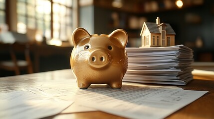 Saving for a home.  Piggy bank, house model, and documents