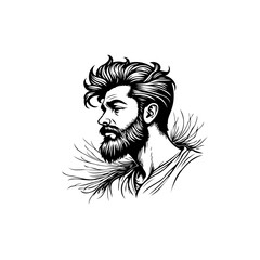 Stylized Black and White Portrait of a Man with a Beard and Fluffy Hair