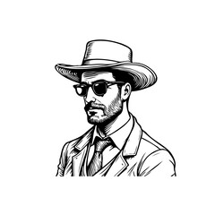 Stylish man in suit, hat and sunglasses with beard in sketch line art style