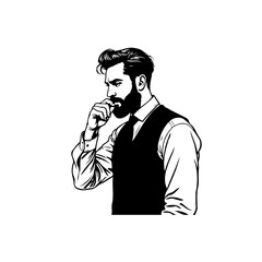 Contemplative bearded man in suit isolated vector illustration, monochromatic art