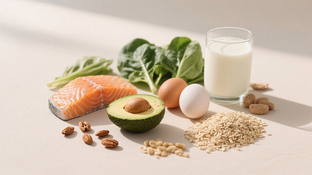 Flat lay composition of healthy foods recommended for pregnant women including avocado, salmon, leafy greens, and eggs