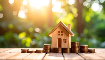 Wooden House on Growing Coin Stacks with Savings, Investment Concept, and Bokeh Background.