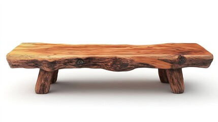 A rustic wooden bench made from natural tree logs with a textured surface and sturdy legs, showcasing organic craftsmanship.