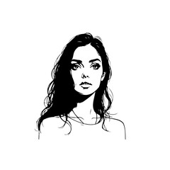 Elegant Black and White Portrait of a Young Woman with Flowing Hair Art Design