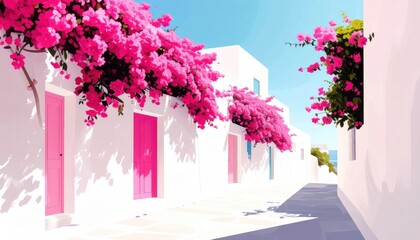 Sunlit Mediterranean alley with vivid bougainvillea flowers, white walls, and colorful doors under a bright blue summer sky.