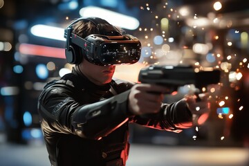 Gamer in VR headset amid virtual sparks and lights, engaged in intense virtual reality action game