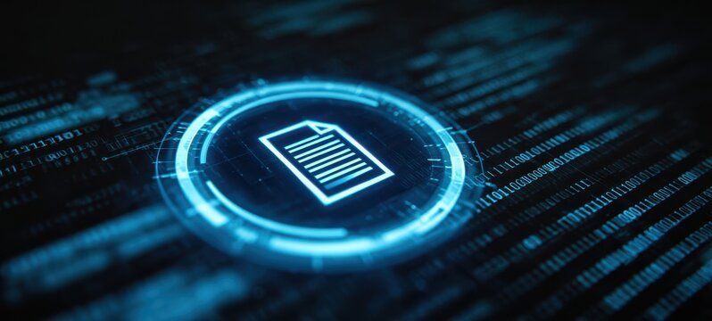 The digital document icon set against a futuristic technology background. - Powered by Adobe