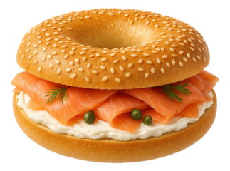 A sesame seed bagel filled with smoked salmon, cream cheese, capers, and dill on transparent background.