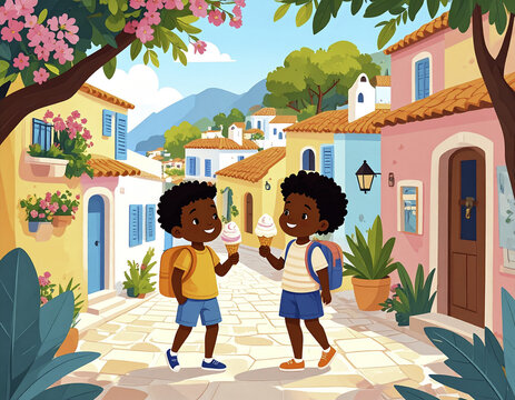 Kids enjoying ice cream in a charming Mediterranean village on a sunny summer day while exploring cobblestone streets
