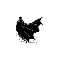 Silhouette of a heroic figure in a flowing cape, symbolizing strength and power