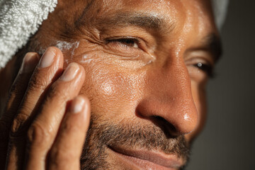 Obraz premium Mature man applying eye cream during skincare routine