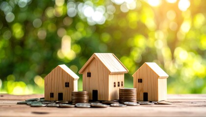 Wooden Houses with Coins with Property Investment Concept, and Bokeh Green Background.