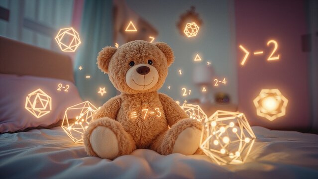 A teddy bear on a bed surrounded by glowing mathematical symbols and geometric shapes in a bedroom