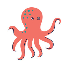 Cute cartoon vector illustration of octopus character. Smiling sea animal with big eyes and wavy tentacles. Flat design for kids, baby products, underwater theme, toys, learning materials icon