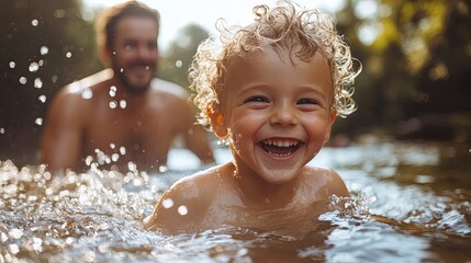 Obraz premium Joyful toddler laughing in cool water embracing summer fun with dad and sun