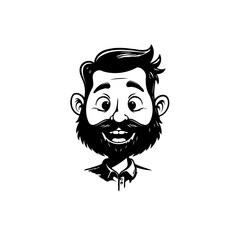 Monochrome cartoon illustration of a bearded man with happy expression, stylized drawing