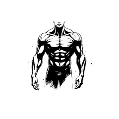 Muscular Physique Artwork: Black and White Illustration of a Bodybuilder's Torso
