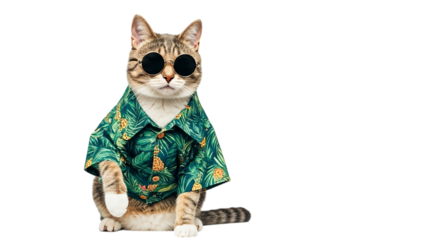 A tabby cat wearing sunglasses and a tropical shirt against a black background looking at the viewer