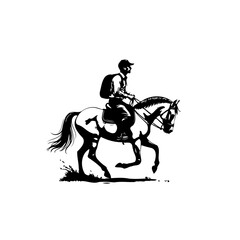 Monochromatic illustration of a man riding a horse showcasing a vintage equestrian style