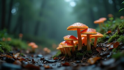 Fly agaric mushroom with red cap in a forest setting surrounded by moss and autumn foliage close-up