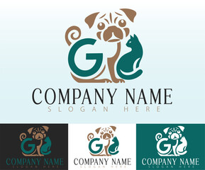 Logo design where the letter G seamlessly incorporates a pug dog and cat figure.