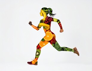 Creative composition of a running woman silhouette filled with fruits and vegetables, symbolizing nutrition, fitness, and healthy living.