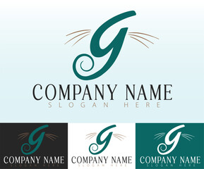 A simple and modern logo concept that merges the letter G with cat whiskers for a pet brand.