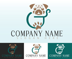 Logo design concept incorporating a pug dog image within the letter g.