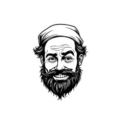 Detailed line art portrait of a smiling man with beard and head covering