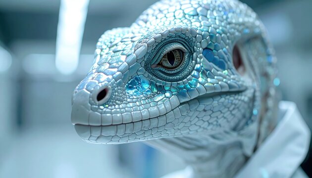 Close-up of a futuristic lizard-like humanoid with shimmering blue-white scales, wearing a lab coat in a clinical setting.
