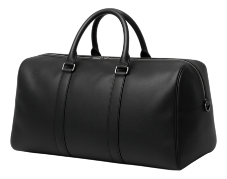 Elegant black leather duffel bag with sturdy handles and a sleek design on transparent background.